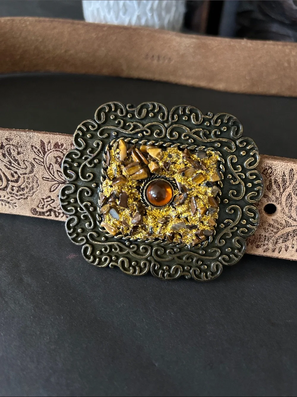 Tooled Tan Leather Belt with Ornate Amber Buckle